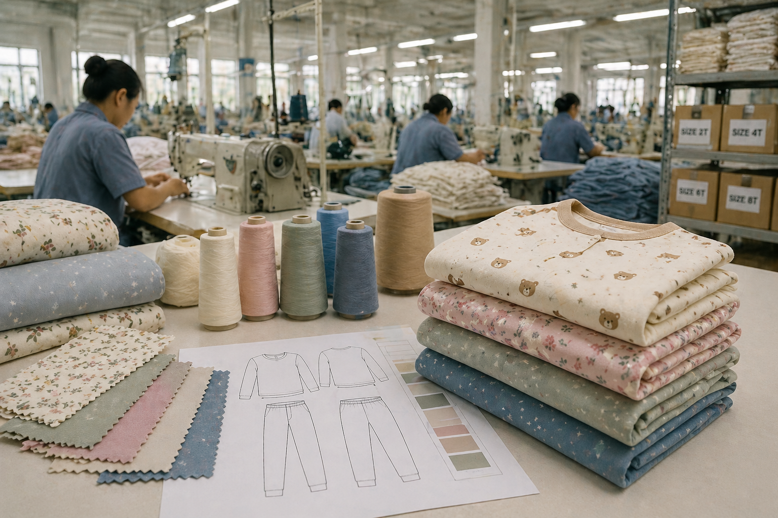 Garment production process from fabric manufacturing to sewing, shipping, and ocean freight delivery