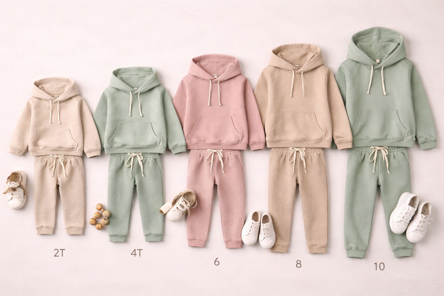 Children’s uniforms displayed in multiple sizes for proper fit