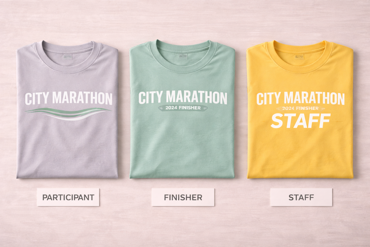 Different types of marathon apparel including participant, finisher, and staff shirts
