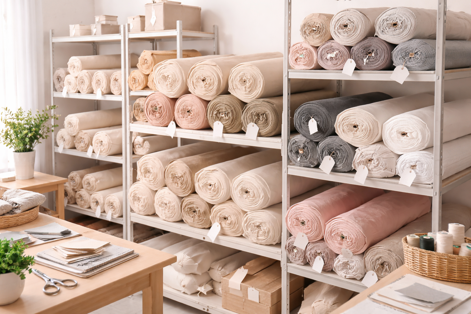 Rolls of bamboo fabric in a textile warehouse for sourcing and production