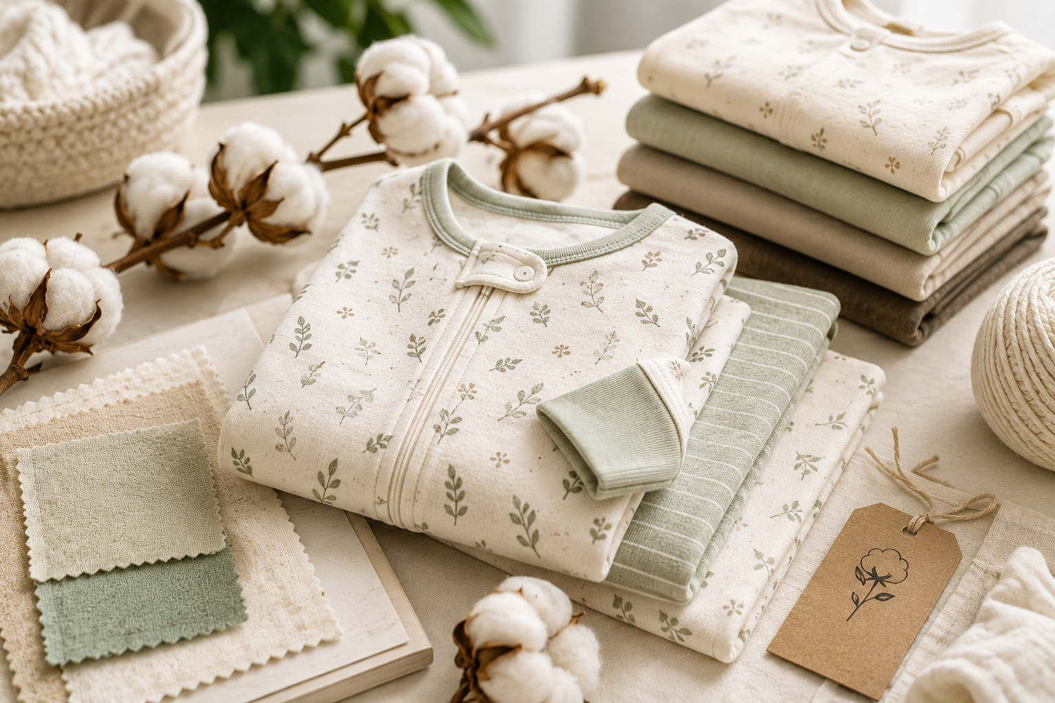Organic cotton children's sleepwear displayed with natural cotton and fabric samples.
