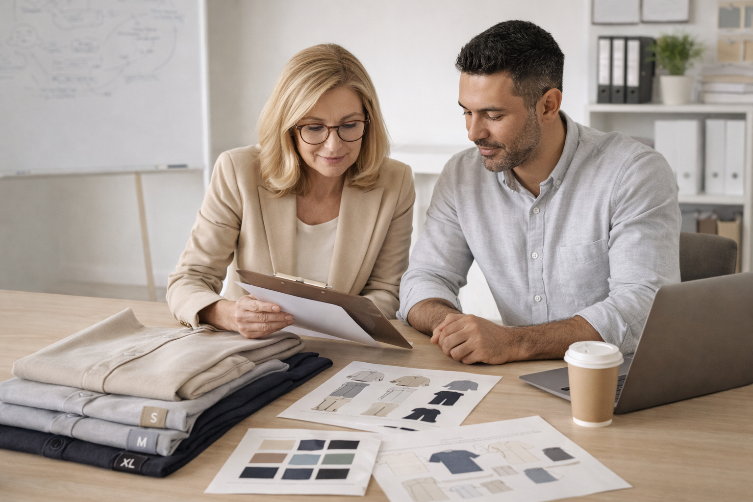 School administrator meeting with apparel manufacturer reviewing samples and designs, clean workspace, neutral tones, collaborative atmosphere