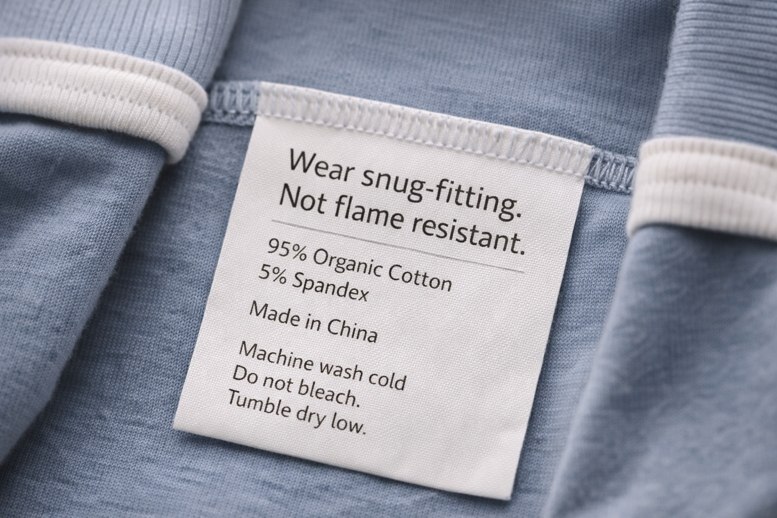 Children’s sleepwear label showing required safety and fabric information