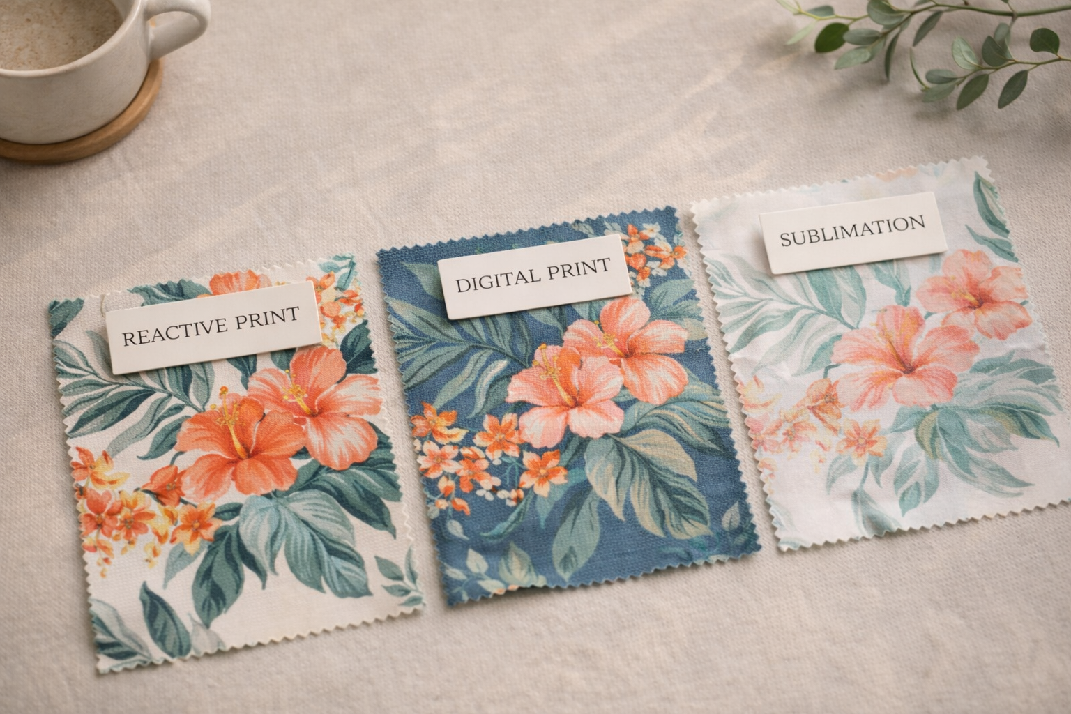 Fabric samples showing different textile printing methods and color results