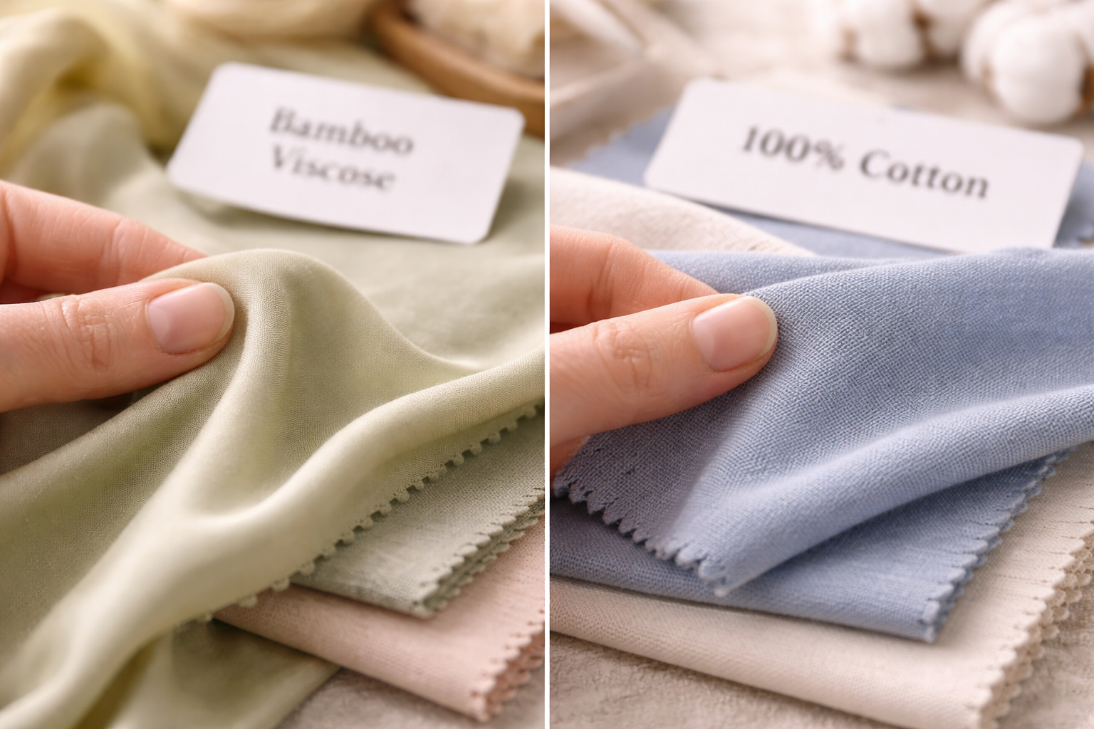 Close-up of hands feeling bamboo and cotton fabrics, highlighting texture difference and softness in neutral tones
