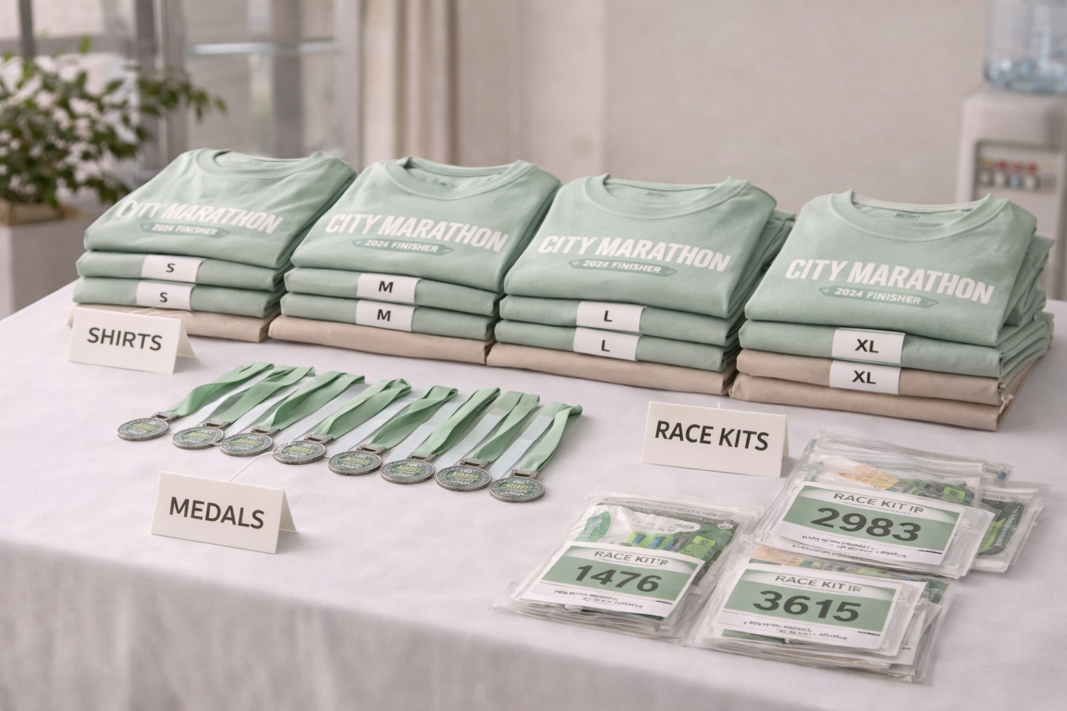 Marathon merchandise setup with shirts and race kits ready for participants