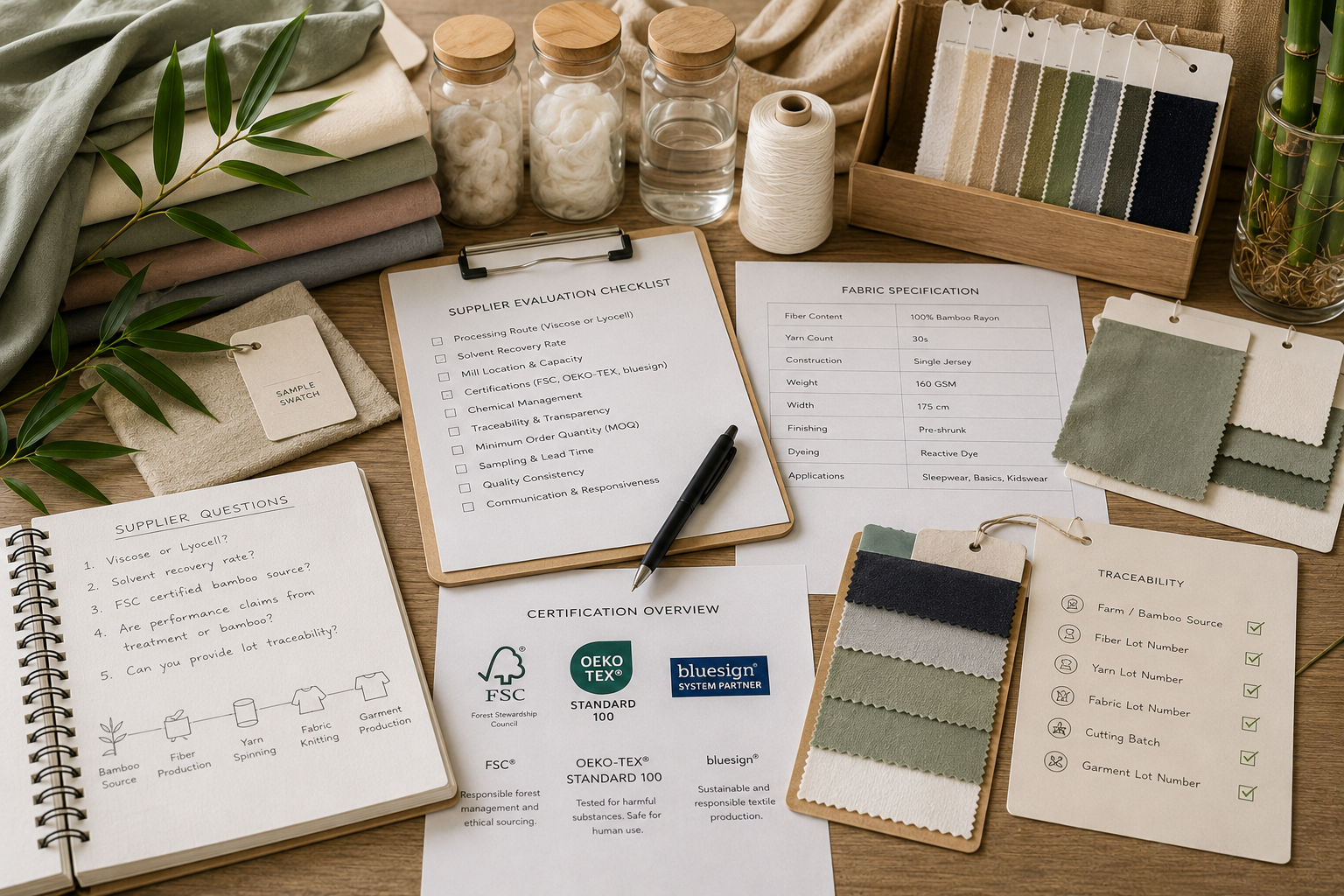 Textile sourcing materials used to evaluate bamboo rayon suppliers.