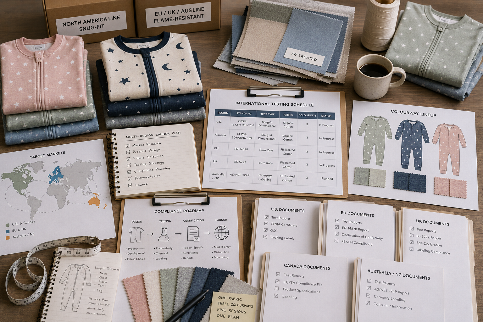 Planning compliance and testing for an international children's sleepwear launch.