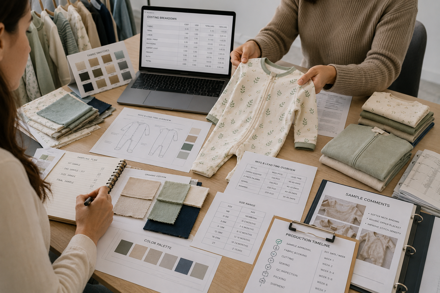 Garment samples and production planning materials used to evaluate manufacturing partners.
