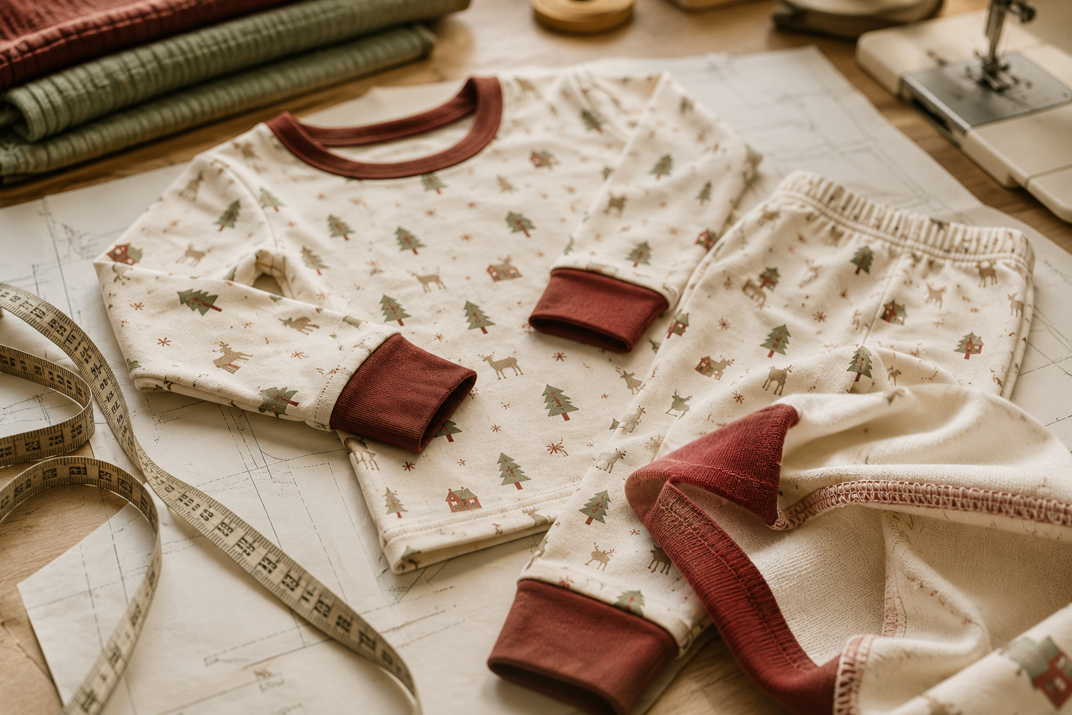 Close-up of snug-fit children's holiday pajamas with garment measurements and stitching details in a textile studio.
