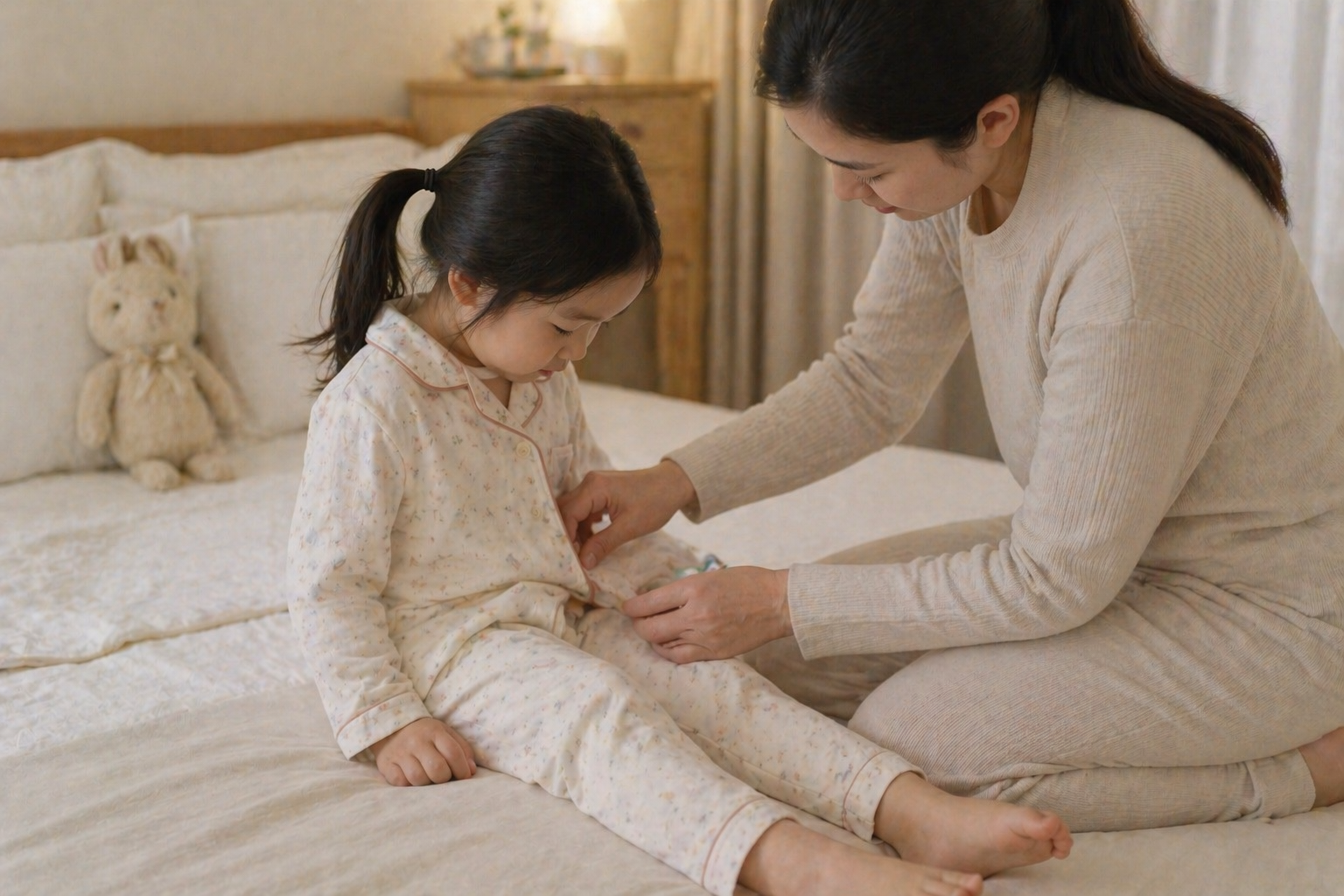 Parent adjusting a child's snug-fitting pajamas for comfort and safety