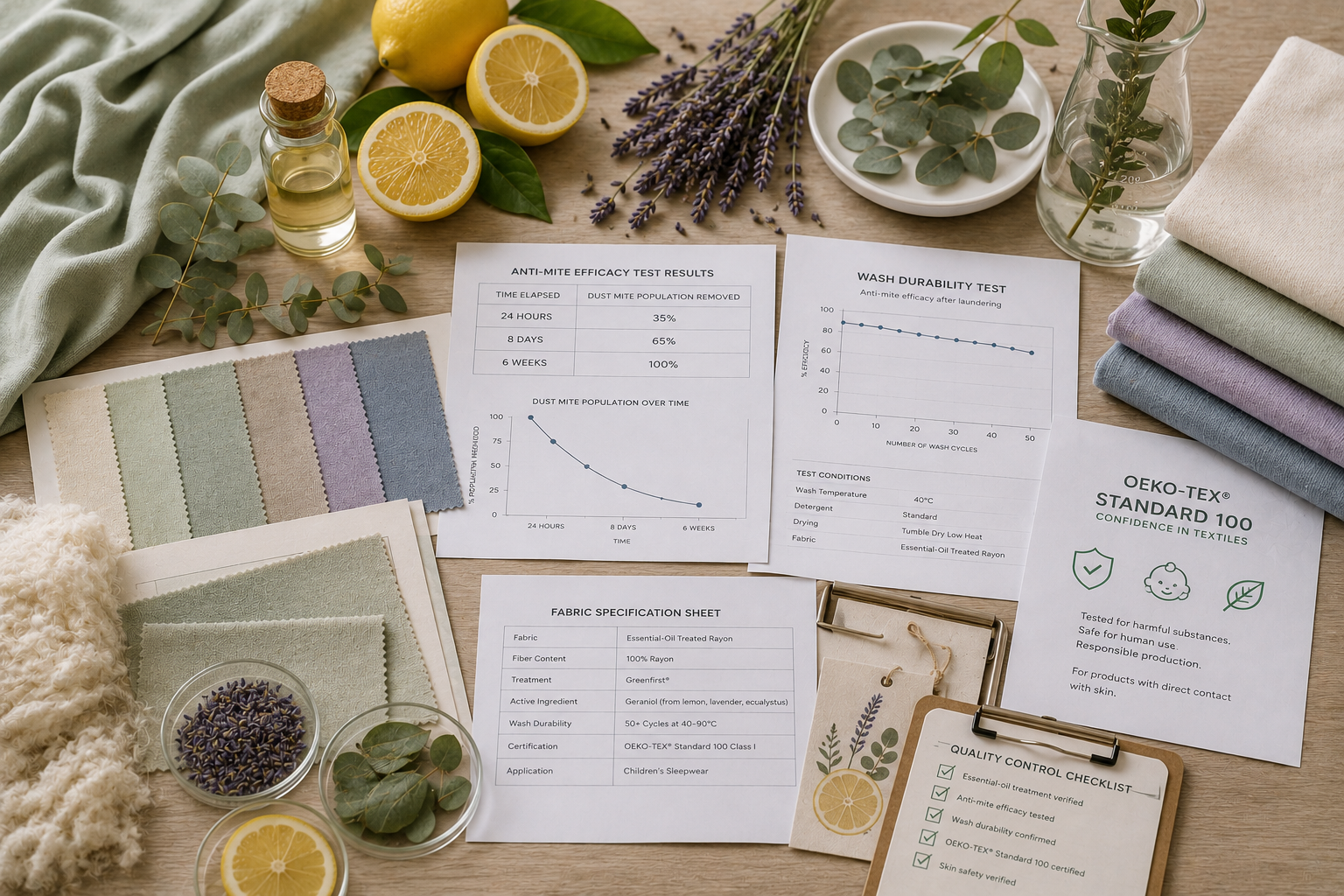 Rayon fabric samples and botanical ingredients displayed with textile testing and certification materials.