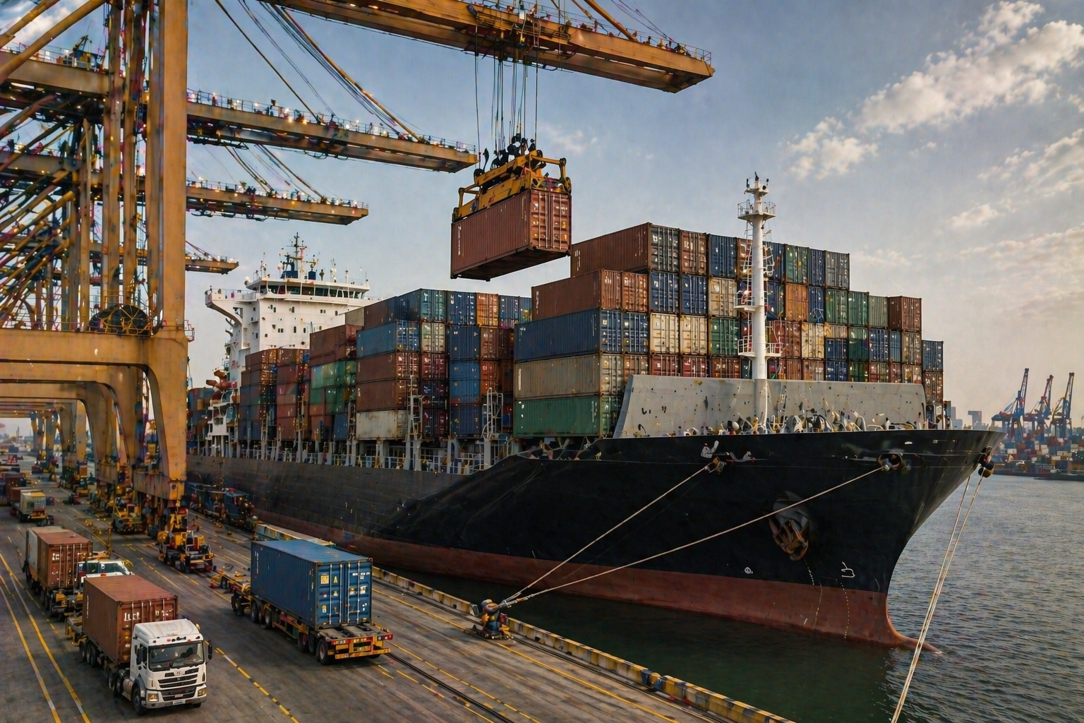 Shipping containers being loaded onto a vessel representing FOB garment manufacturing