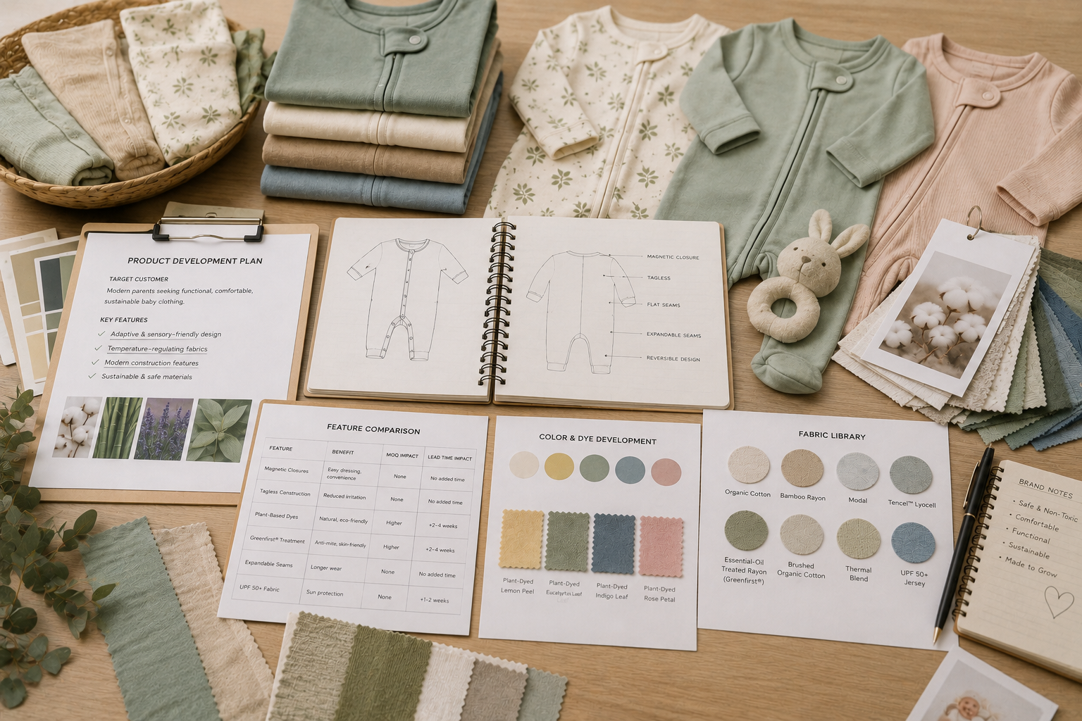 Product development materials for functional baby clothing manufacturing.