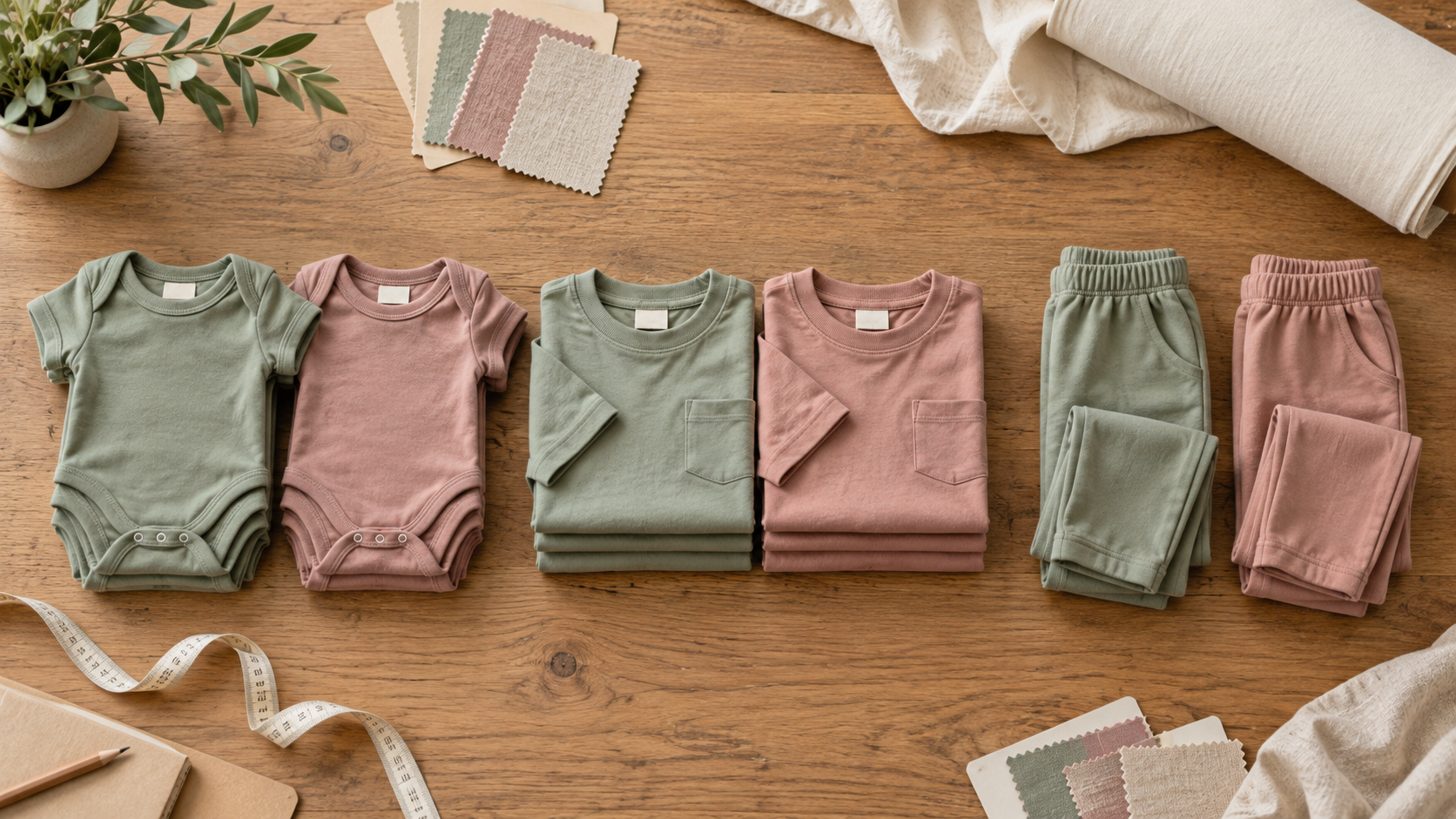 Baby bodysuits, children’s T-shirts, and pants arranged in sage green and dusty rose stacks to illustrate garment styles and color splits.
