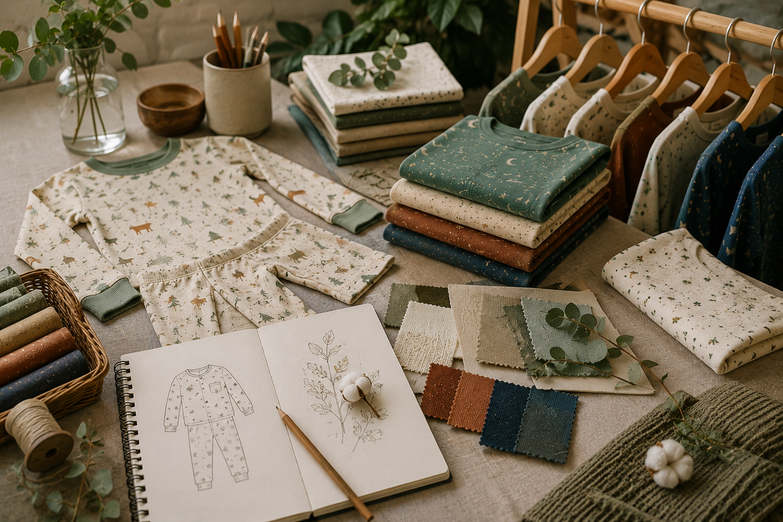 Children’s sleepwear sourcing materials, certifications, and production planning documents on a garment manufacturing table.