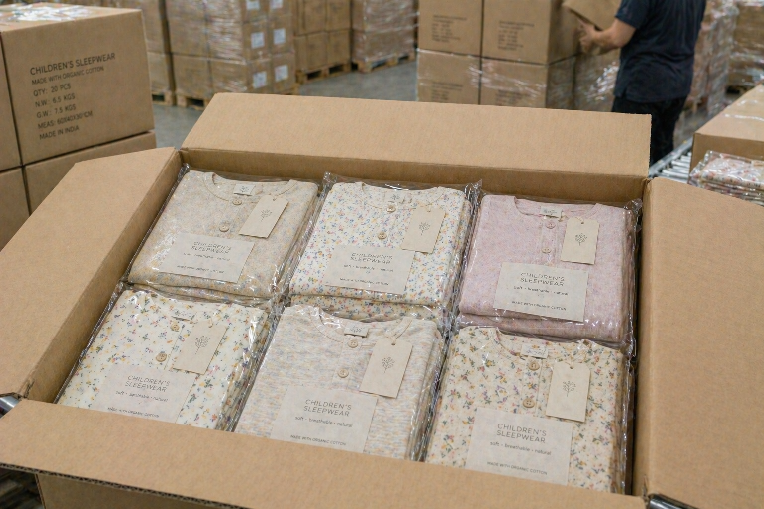 Finished children's pajamas packed and ready for export