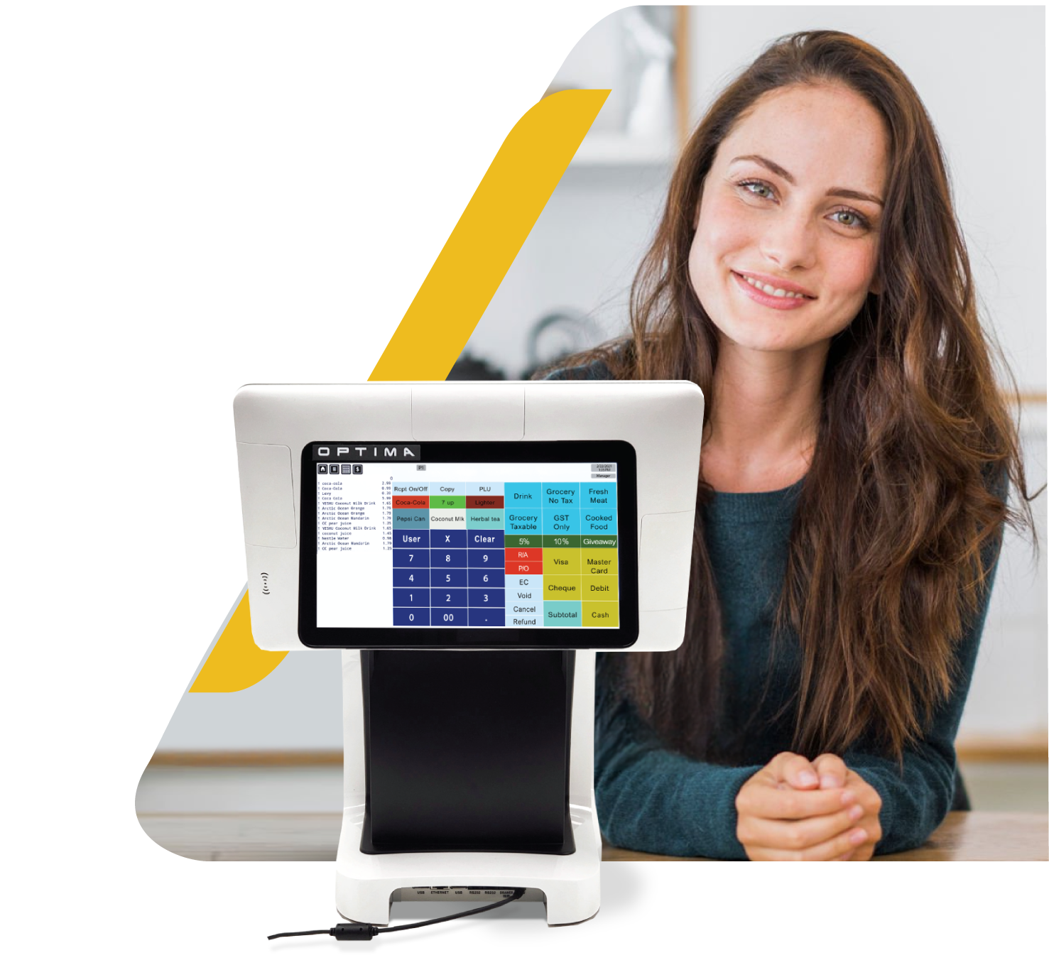 Woman using APOS-05 in a coffee shop