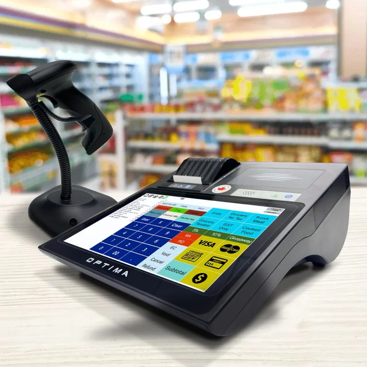 Optima APOS-04 POS terminal with a barcode scanner on a convenience store counter