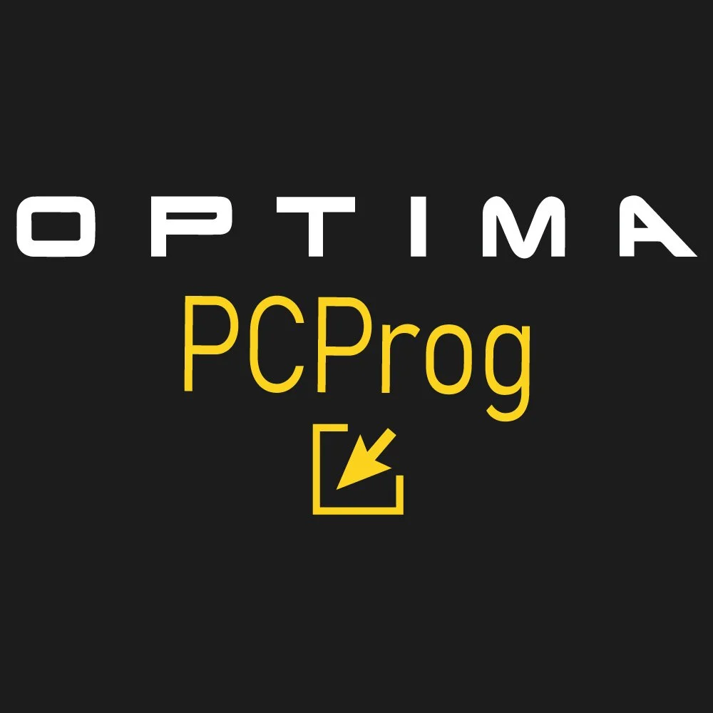 Optima PCProg logo with black background, white and yellow text, and a yellow arrow pointing downward.