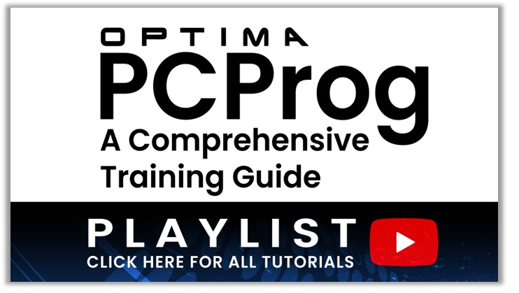 Optima PCProg training guide cover with a YouTube playlist button and text indicating tutorials availability.
