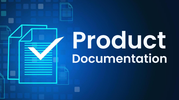 Digital graphic with a document icon, a checkmark, and the words "Product Documentation" on a blue background.