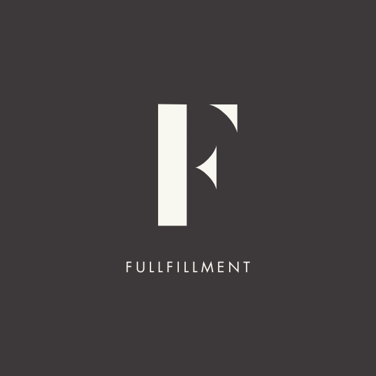 Dark gray background with a stylized white letter 'F' and the word 'FULLFILLMENT' written underneath.