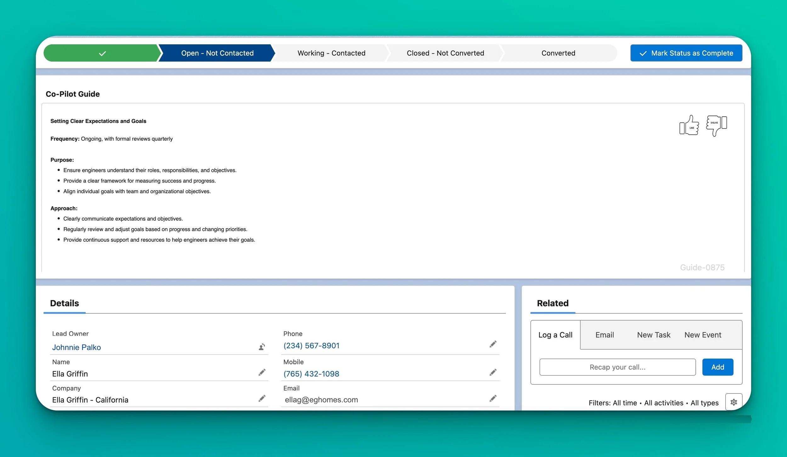 Screenshot of a project management or CRM software interface showing a 'Co-Pilot Guide' with goals and approach, a 'Details' section with contact information for Johnnie Palko and Ella Griffin, and a 'Related' section with options for logging calls or adding notes, all displayed on a teal background.