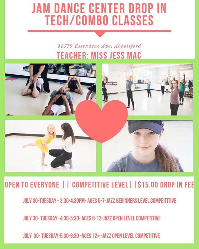 Come try out out drop in class 
July 30th 2019! 
Jazz tech &amp; combo:

3:30-4:30- 5-7 yrs 
4:30-5:30- 8-12yrs
5:30-6:30- 12+yrs

Email:
Jamdancecenter@gmail.com to sign up $15.00 drop in fee