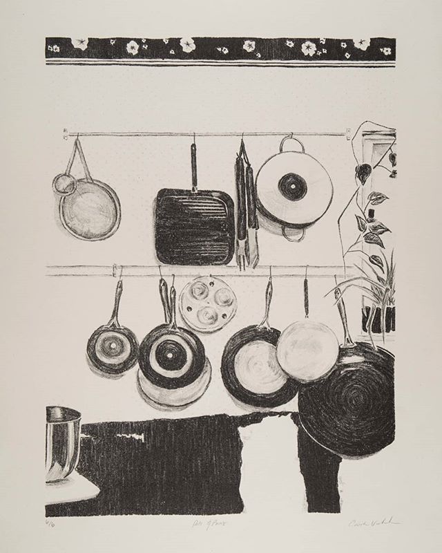 Pots &amp; Pans, lithograph

Finally getting around to posting my work from this past semester and this was the second litho I did. I spent a lot of time on the small details of this piece, focusing on the wallpaper behind the pots and pans and measu