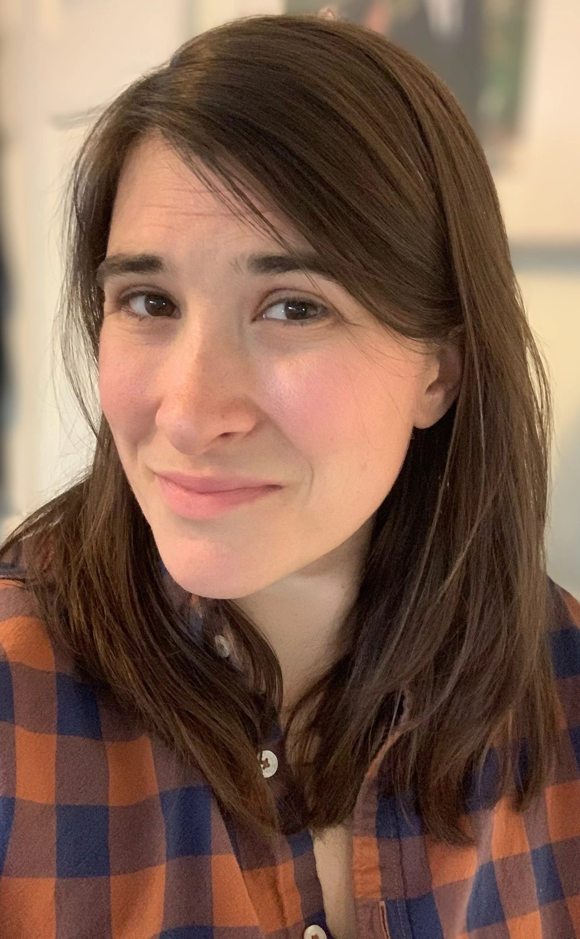 photo of Claire Taylor, a white woman with long brown hair, smiling with her lips together