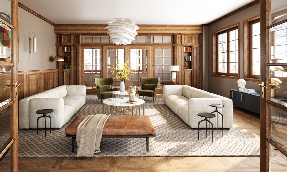 Formal living area with wooden features and warm brown walls