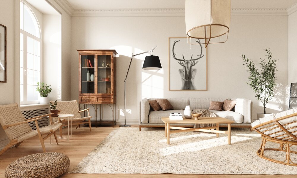 Scandinavian style living room decorated with warm neutral tones
