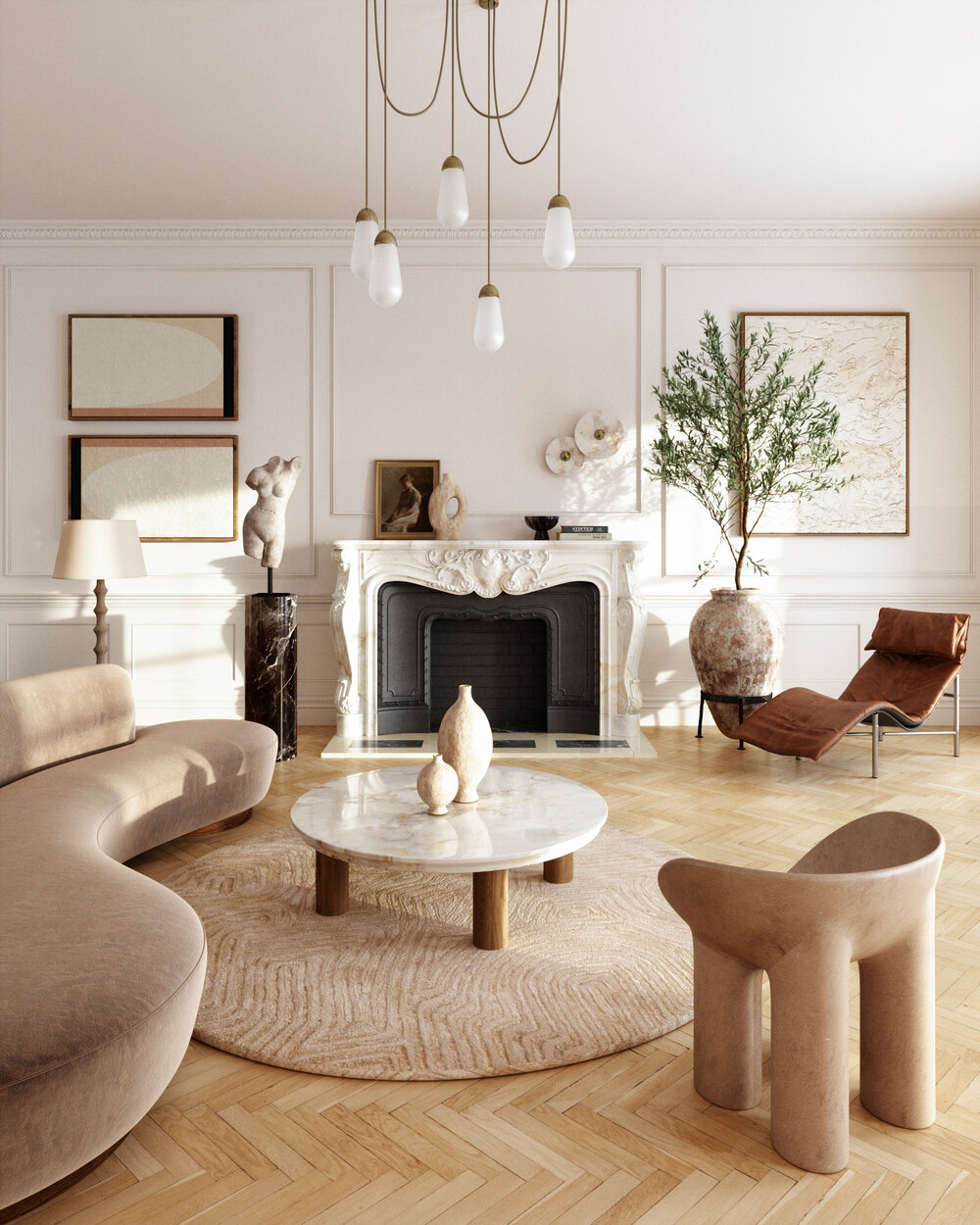 Neutral toned living room with organic shapes, colours and textures