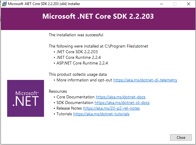Net Core SDK installation completed