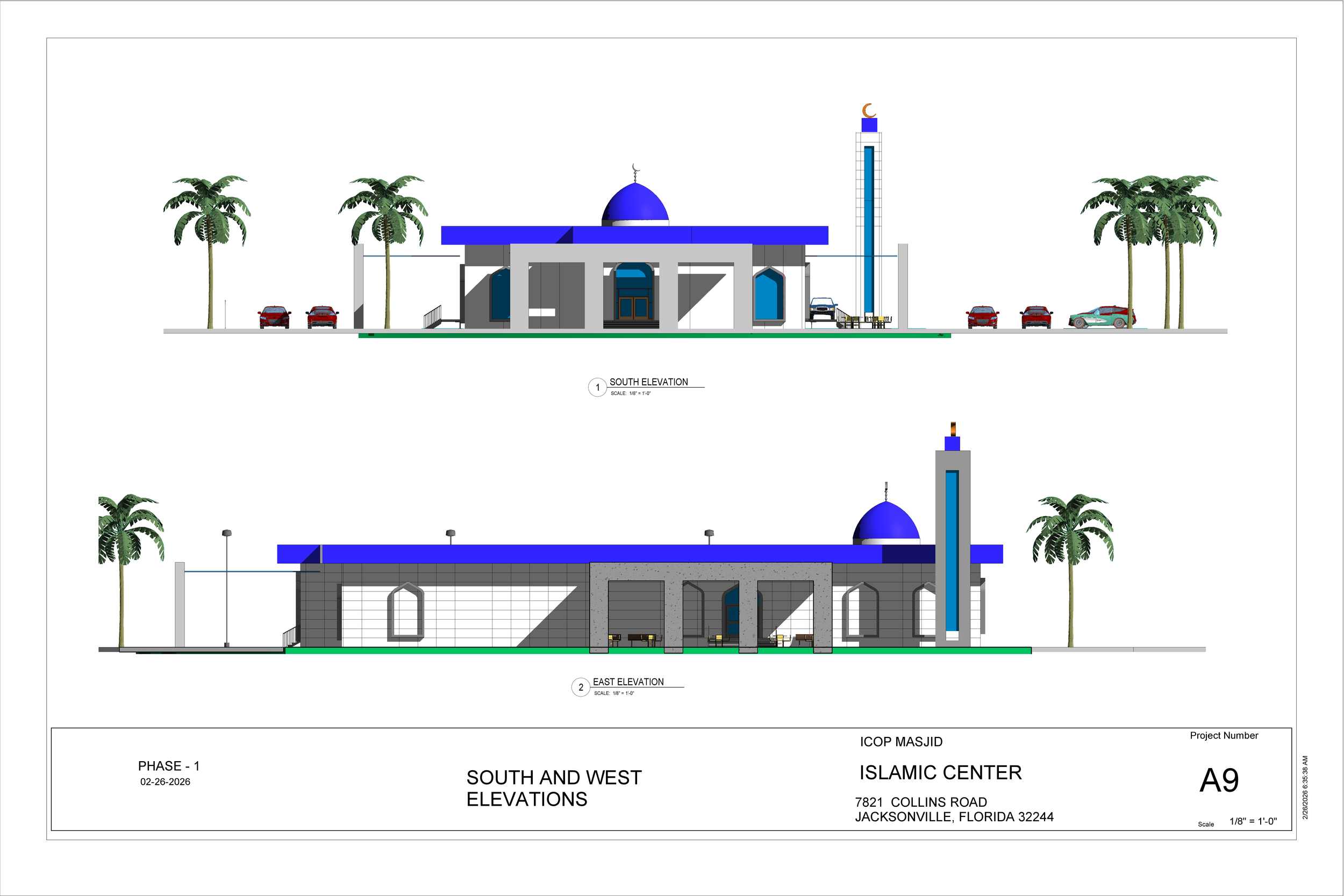COLLINS ROAD ISLAMIC CENTER 2026 - Sheet - A9 - SOUTH AND WEST ELEVATIONS 1 of 1.png