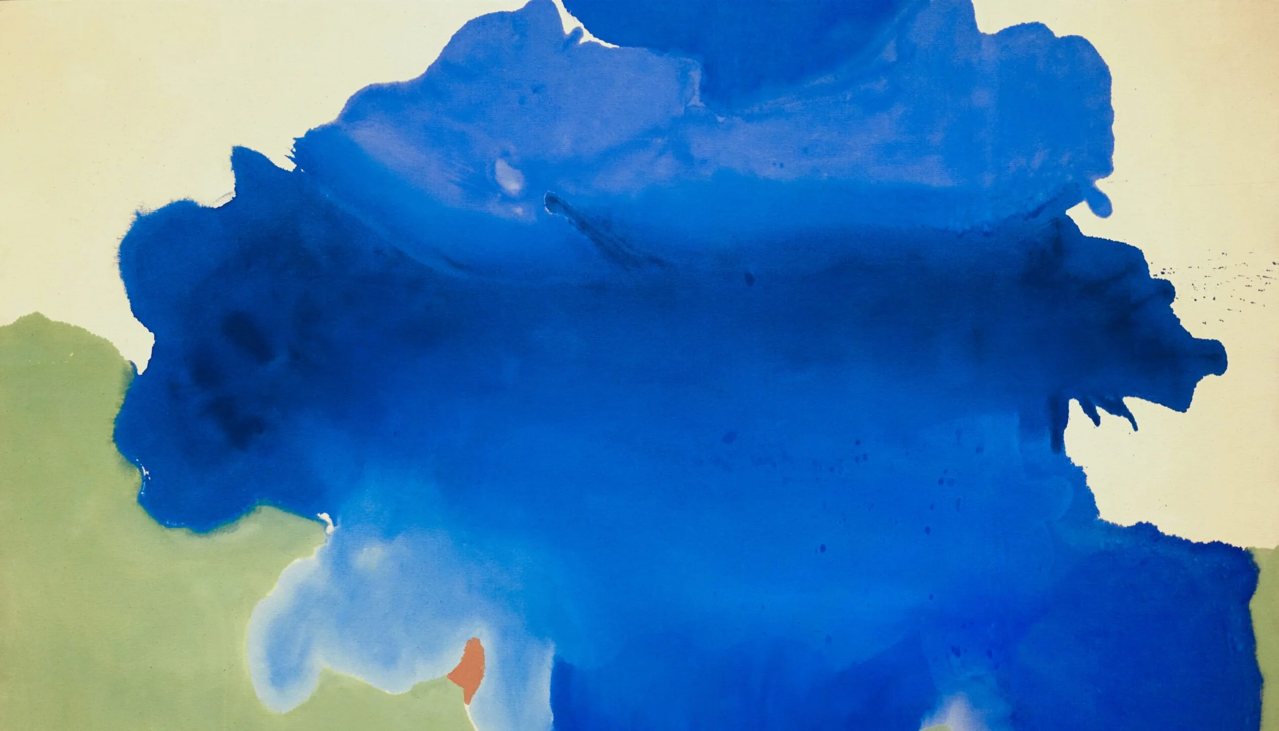 Abstract watercolor painting with large blue and green splotches on a light background.