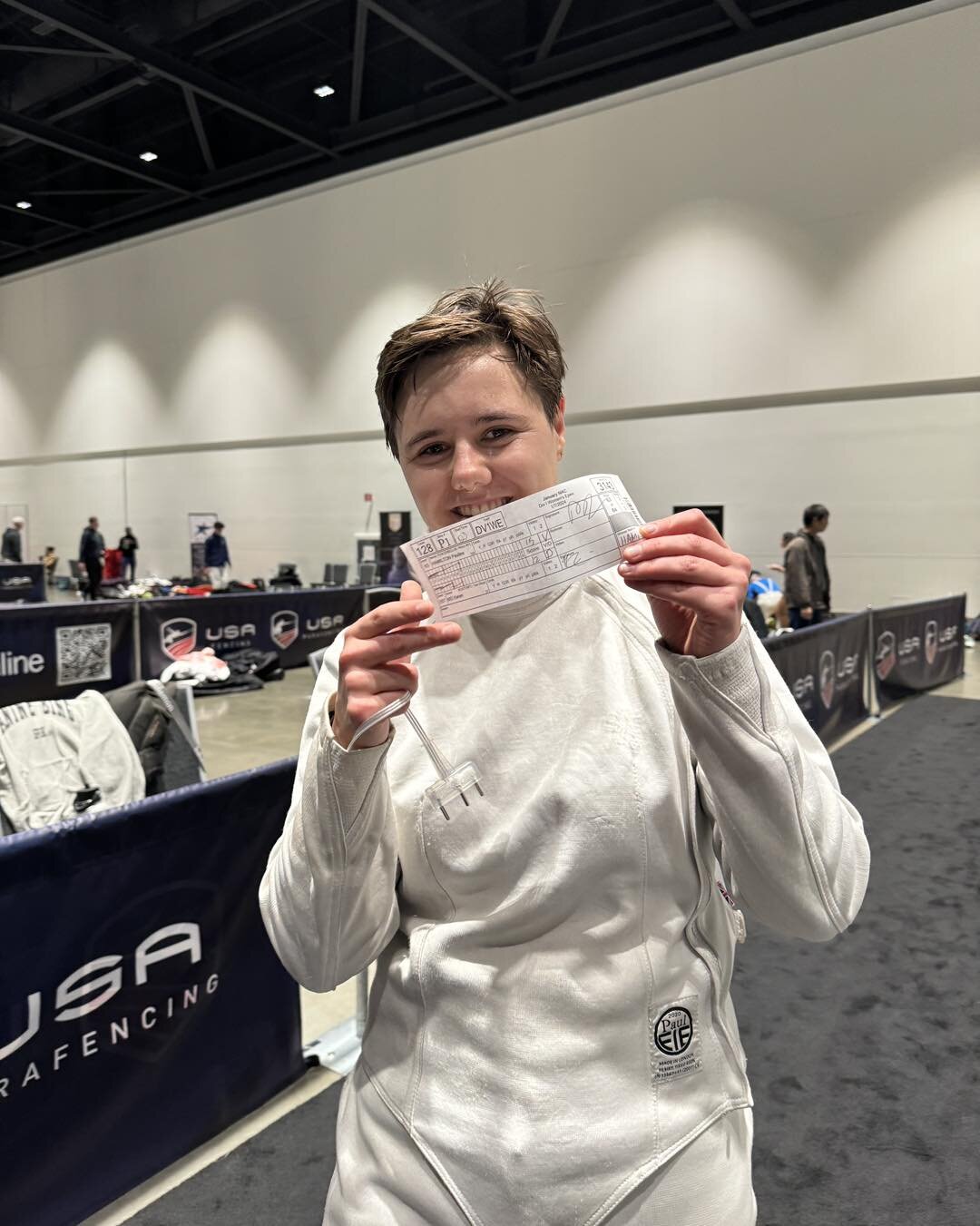 Pauline Hamilton show off her entry ticket 
 into the top 128 in the country. 

#&eacute;p&eacute;e #denvercolorado #fencinglife #denverfencingcenter #epee #denver #fencing #womenepee #denverfencing #epee