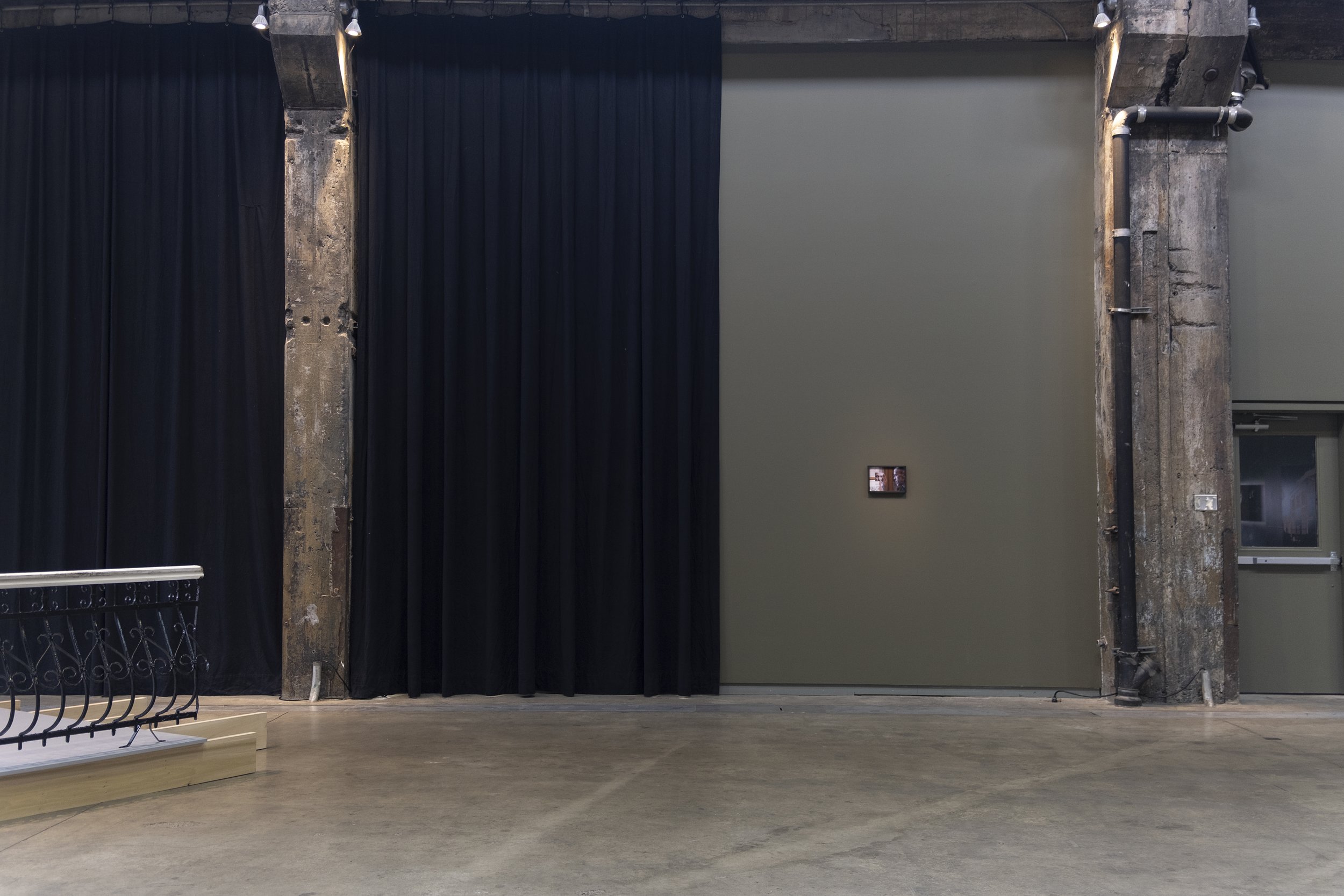   Christophe Barbeau   MULTI-FUNCTIONAL ROOM (“A Post-Modern Gesture”) , 2022 Architectural interventions (Benjamin Moore Army Green 2141-30, Custom black velvet curtains circa 2002). 