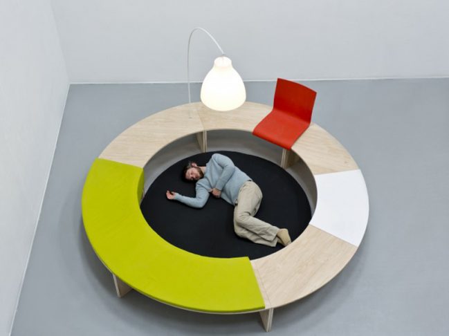    Ideal Home by Nina Cho, 2015  Wood, Upholstery, Ceramic, 10 ft. diameter   http://ninacho.com/  