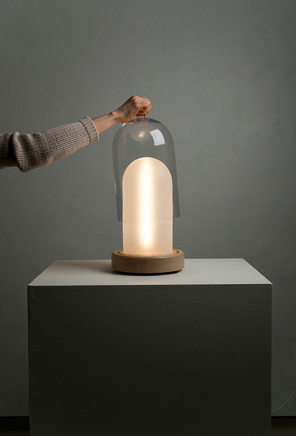   Lift Lamp by Ryan Pieper, 2013  Glass, Frosted Glass, Maple   http://ryanpieper.com/  