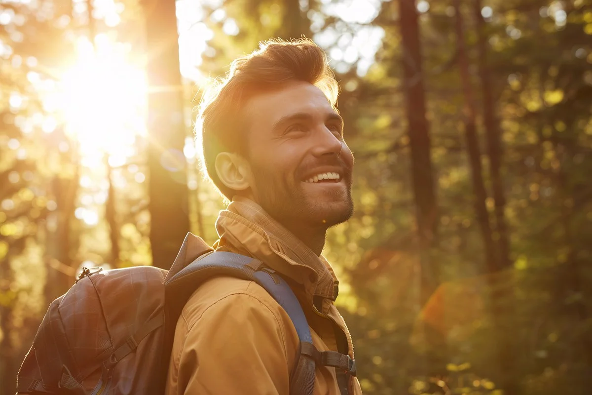 A man walking through a sun-dappled forest, his face illuminated by the golden rays, wearing a genuine smile