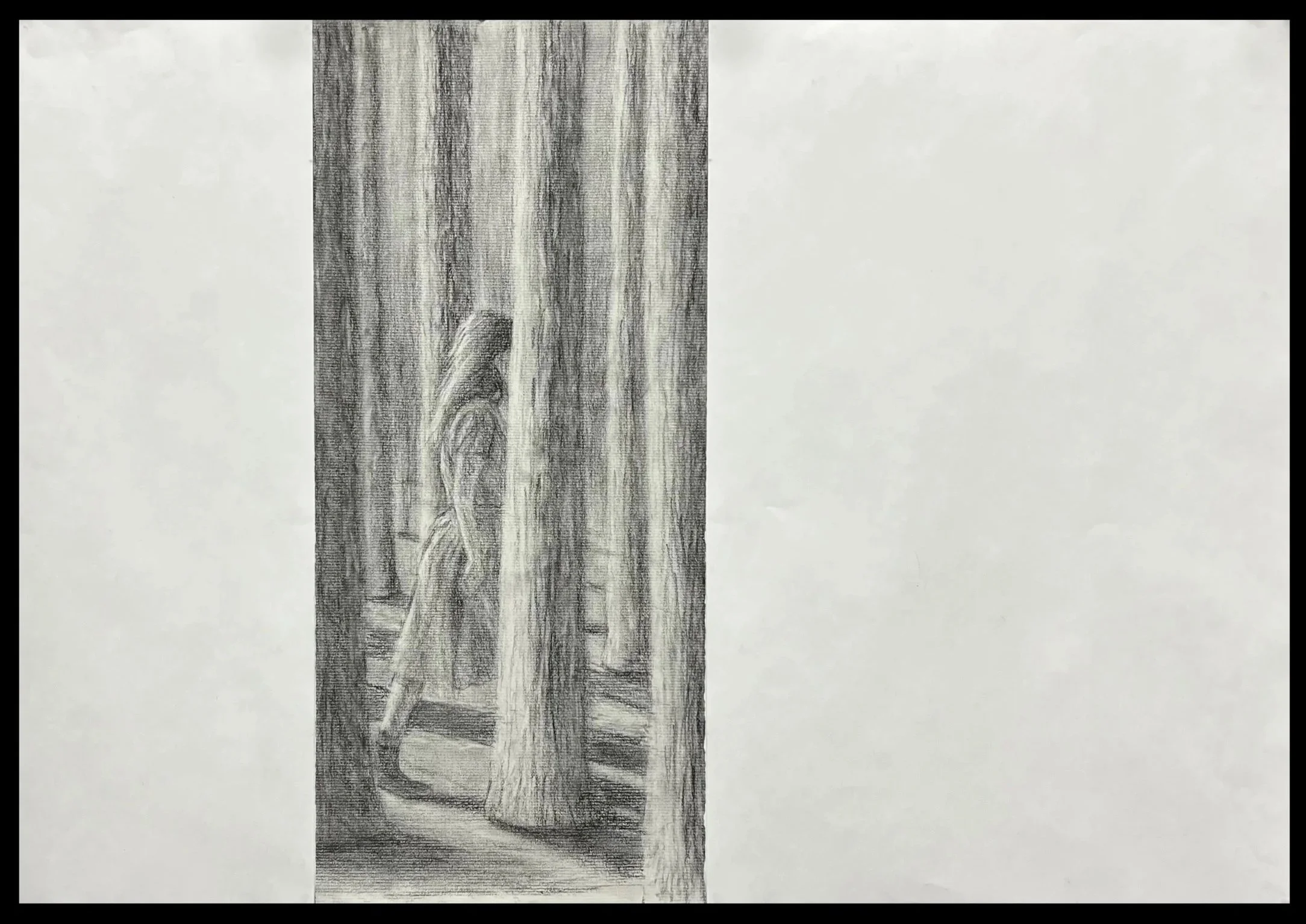 Siúl Idir (Walk Between) - 2025, Charcoal on Paper, 20x32