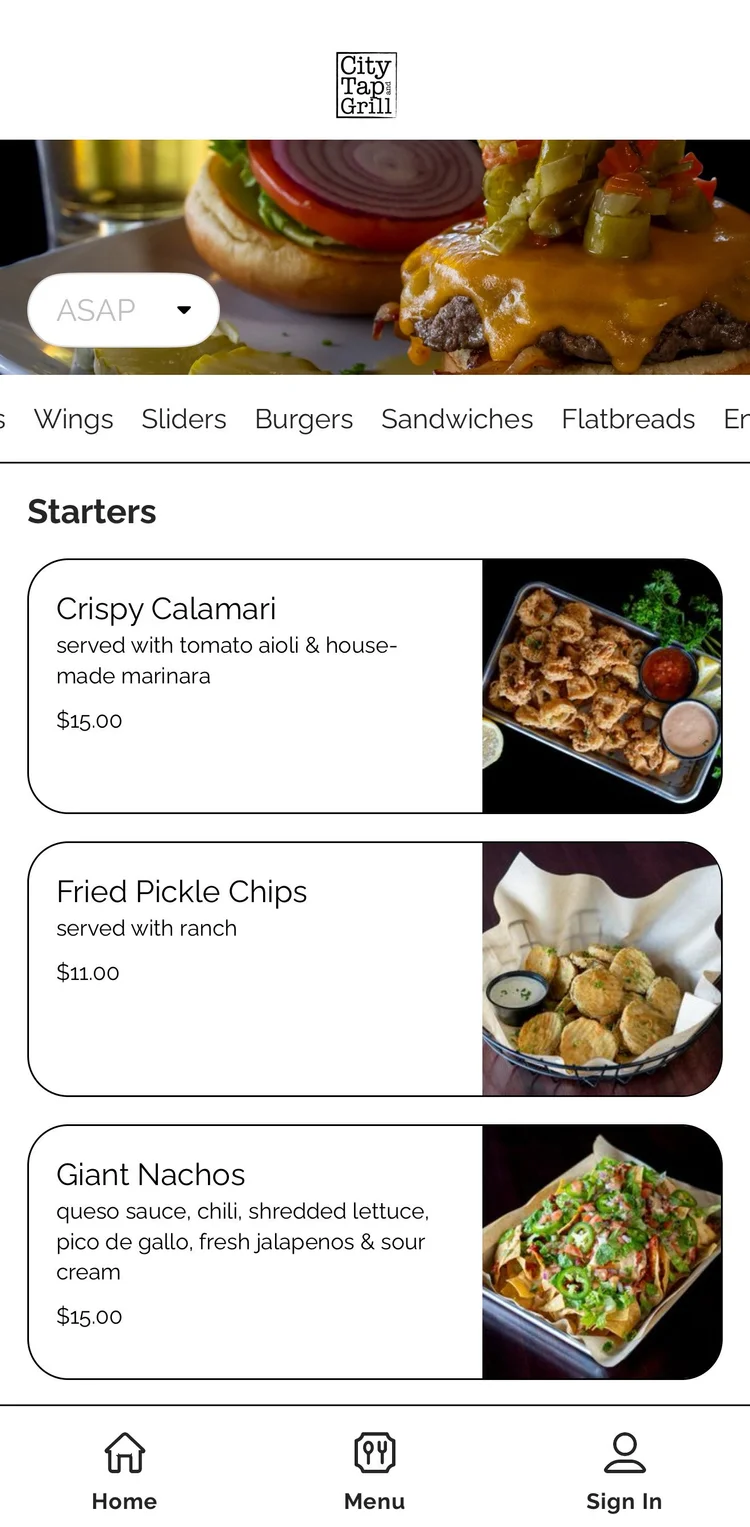Menu preview in the City Tap ordering app