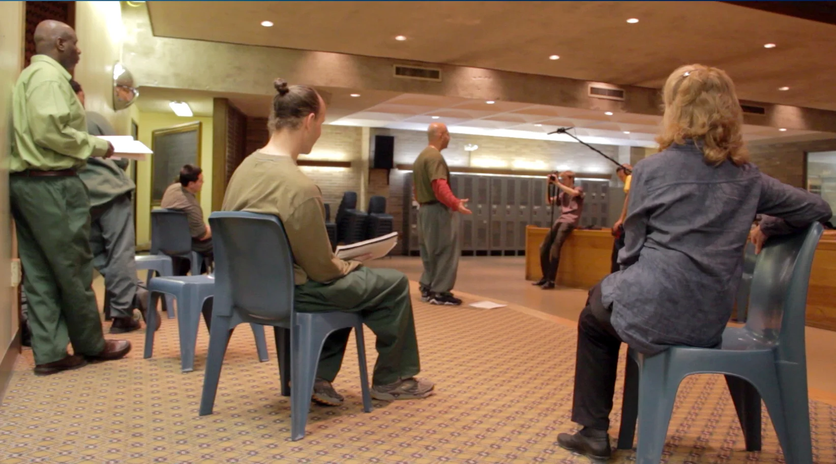 Offstage during rehearsal.