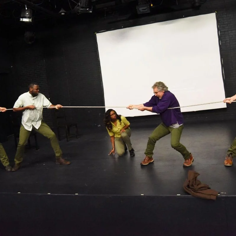 From left: Joshua Mensa, Ezioma Asonye, and Jeff Guyton rehearse a scene from Human Again Monday at Auburn Public Theater. Sarah Jean Condon, The Citizen.
