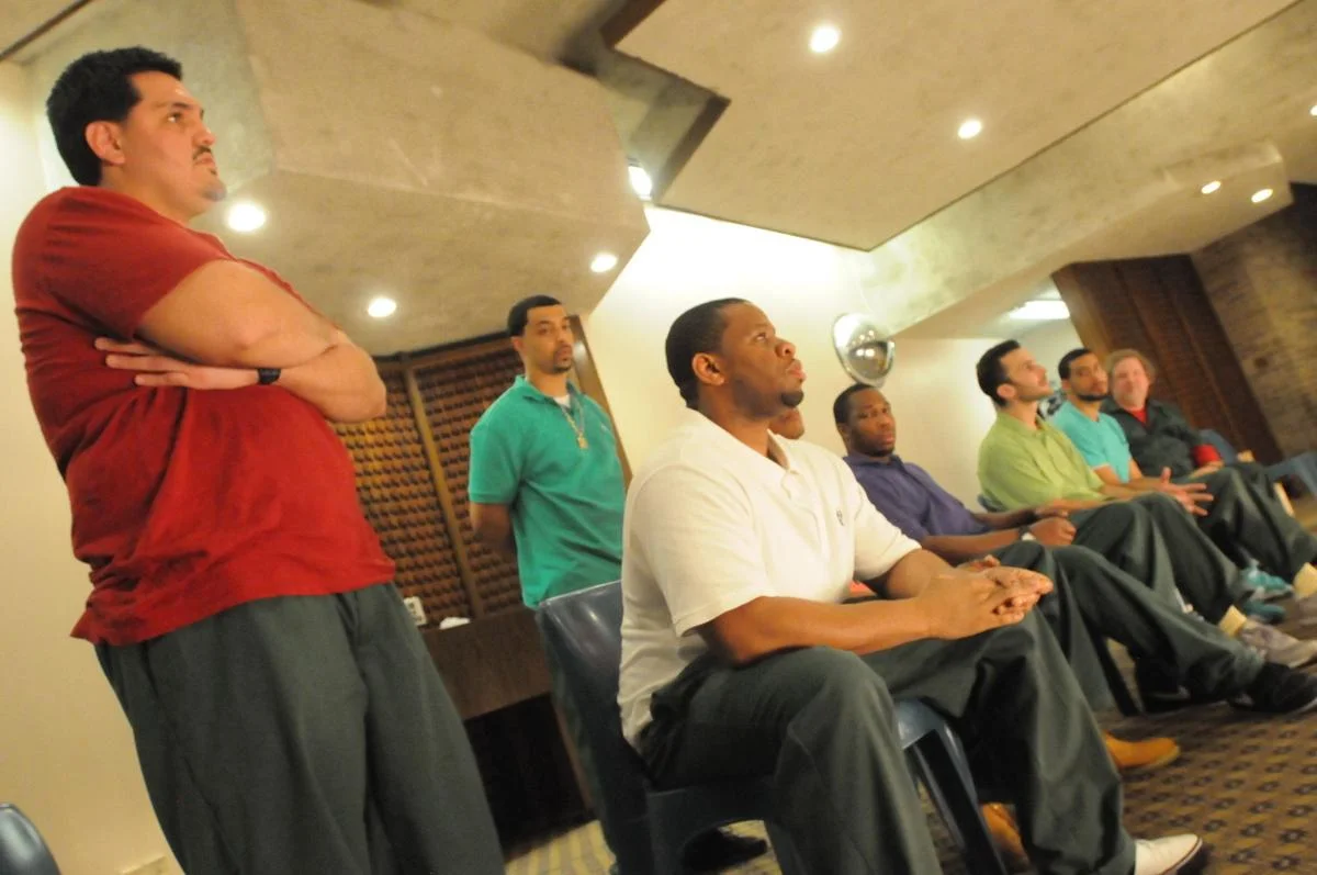 The Phoenix Players Theatre Group takes questions from the audience after its performance of This Incarcerated Life: The Foundation of a Pipe Dream Thursday in the Auburn Correctional Facility chapel.