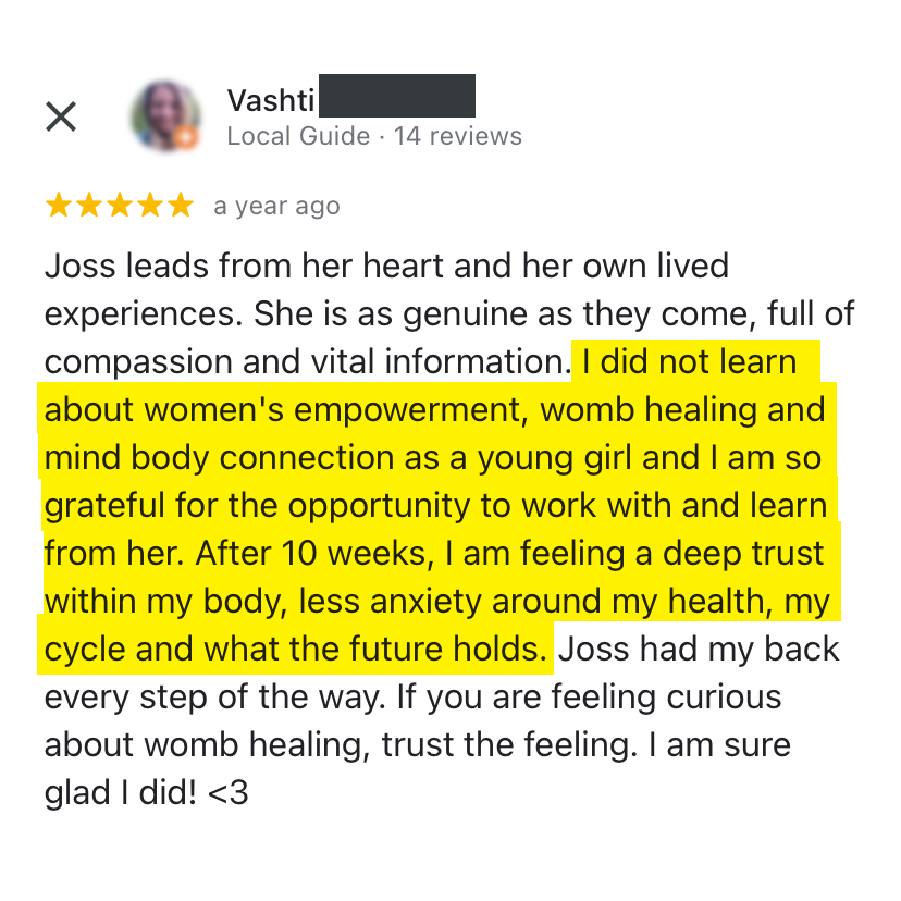 Client testimonial for Embodied Feminine womb healing course