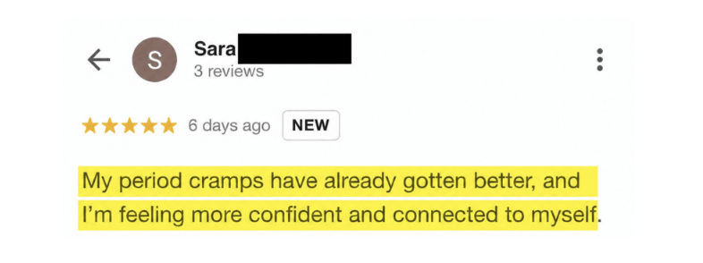 client testimonial for period pain