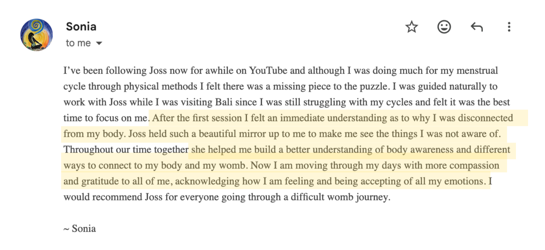 client testimonial for yoga therapy for women's health